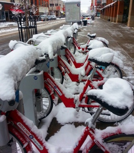 There are bike rentals available all over town. These are bikes for rent from B-Cycle Bikes, a non-profit. 