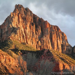 Sun falling on the mountain at Zion -