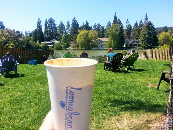 Drinking coffee in the backyard area of the Looney Coffee Bean shop. 