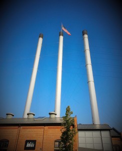 The Old Historic Mill Stacks in Bend OR - Now part of an outdoor shopping mall.